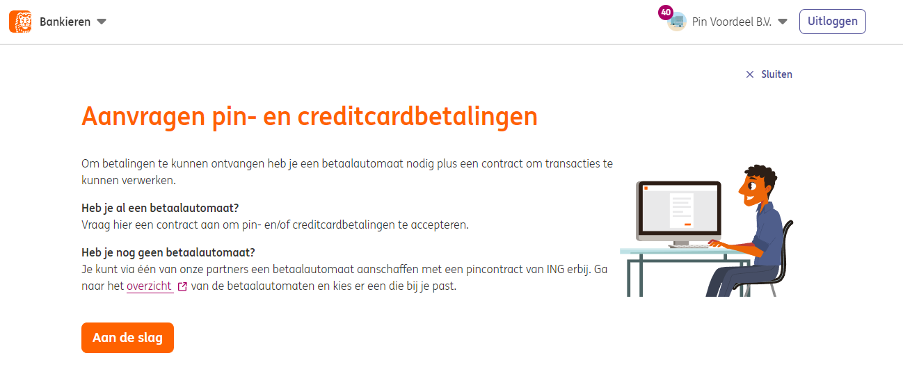Startscherm voor het aanvragen van pin- en creditcardbetalingen bij ING