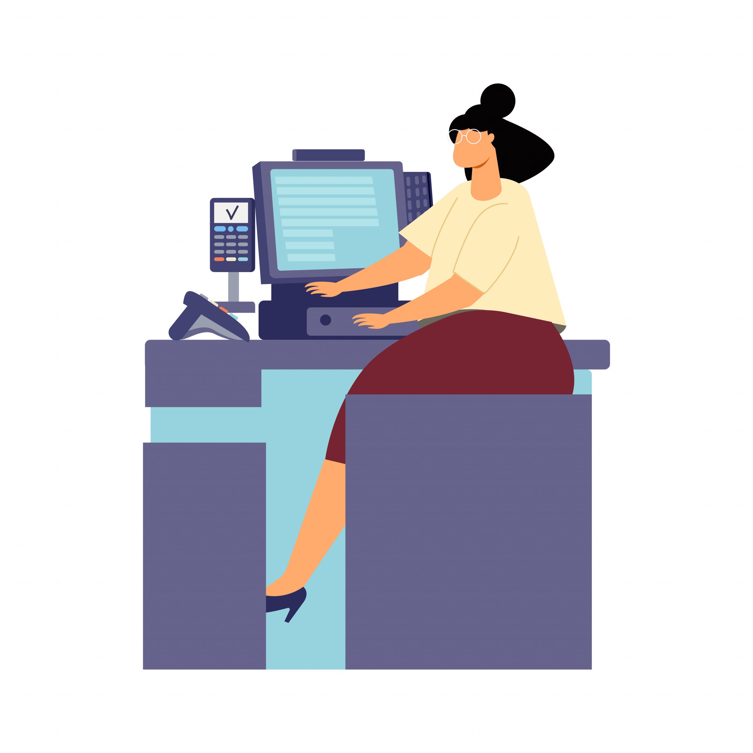 Woman at store cashier desk flat icon on white background vector illustration