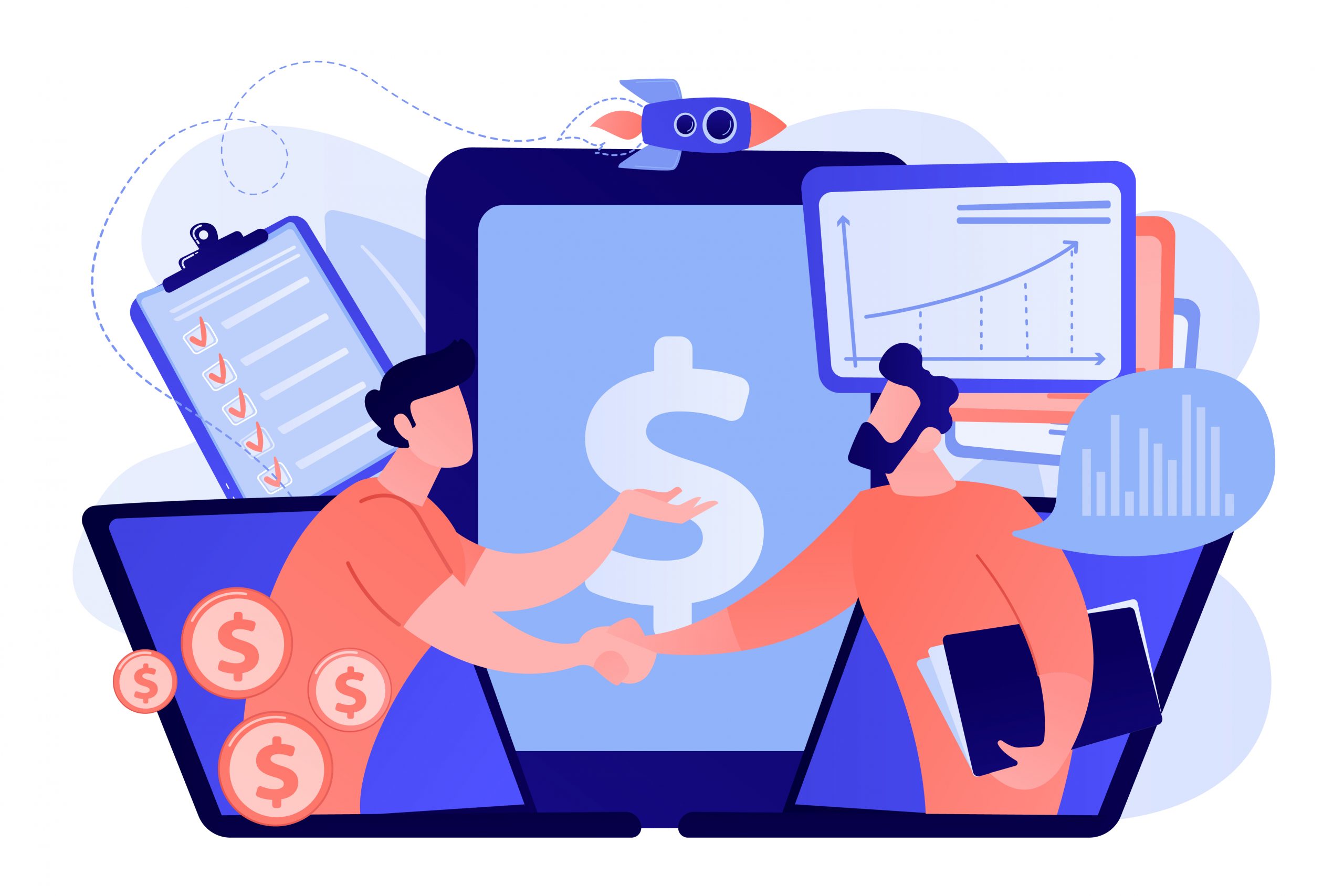 Demand analysts shaking hands from laptops screens and planning future demand. Demand planning, demand analytics, digital sales forecast concept. Pink coral blue vector isolated illustration